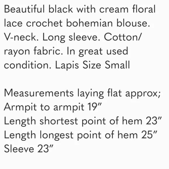 LAPIS Black & Cream Floral Lace Crochet Boho Blouse Size Small - Picture 14 of 14